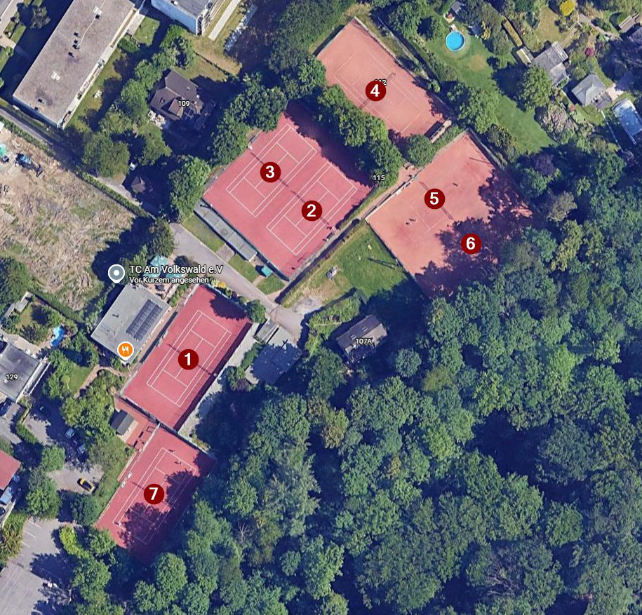 Luftbild der Tennisanlage mit den Plätzen 1–7
